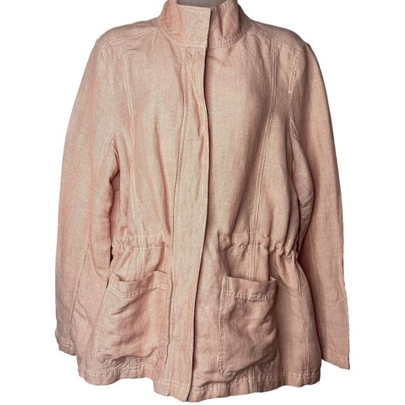 Caslon Linen Blend Red White Striped Cinch Waist Utility Jacket SZ LP Travel - Picture 2 of 12